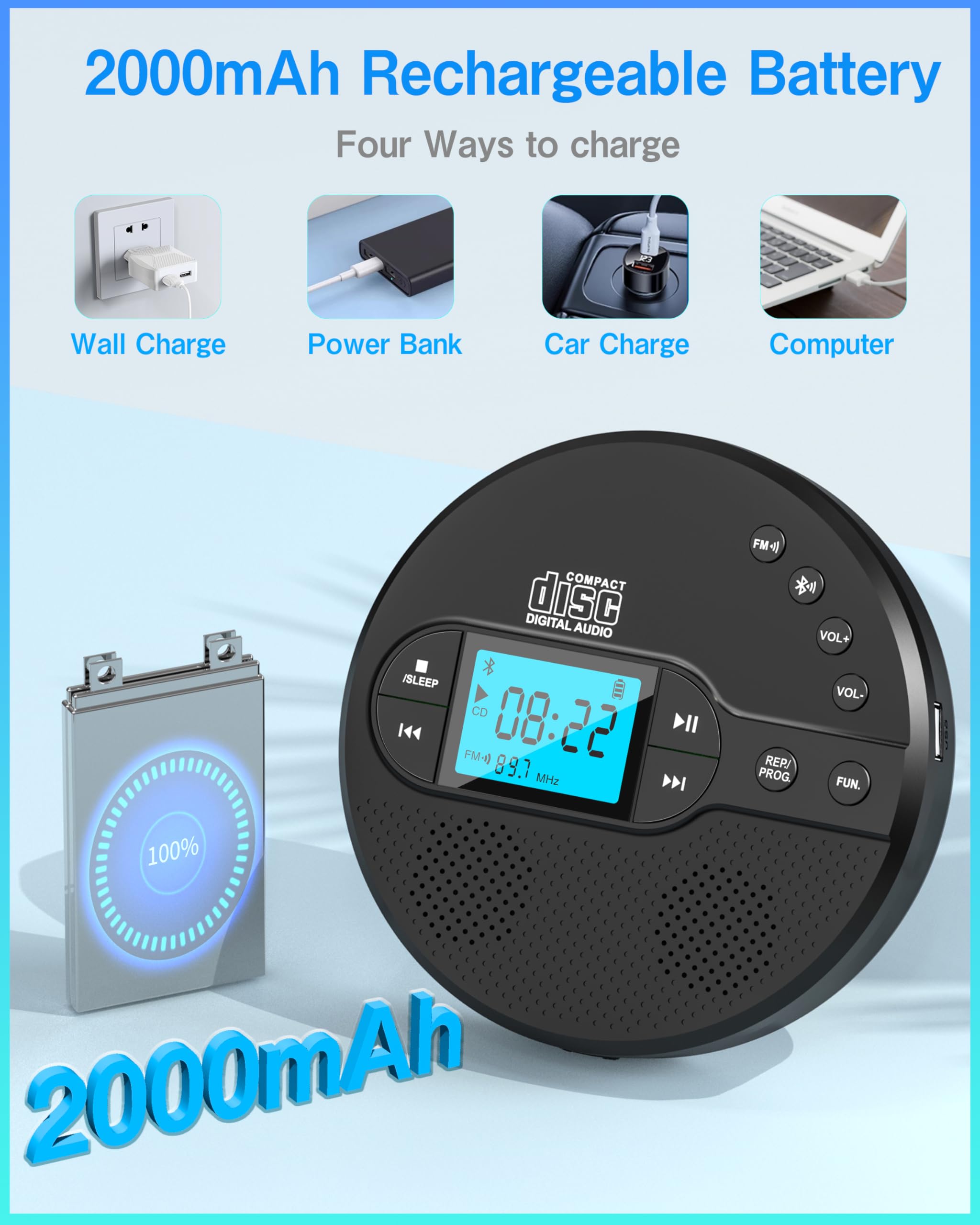 Sunoony Portable Cd Player With Bluetooth, Cd Player With Fm Transmitter And Speakers For Car, Rechargeable Cd Player With Anti